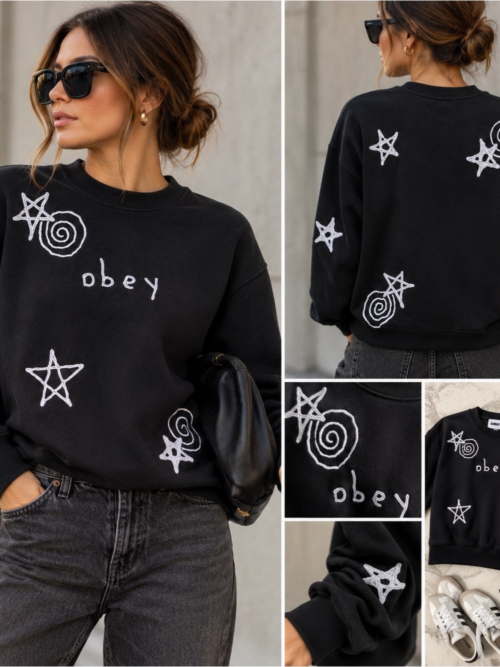 Obey Black Crewneck Sweatshirt with White Star & Swirl Graphics